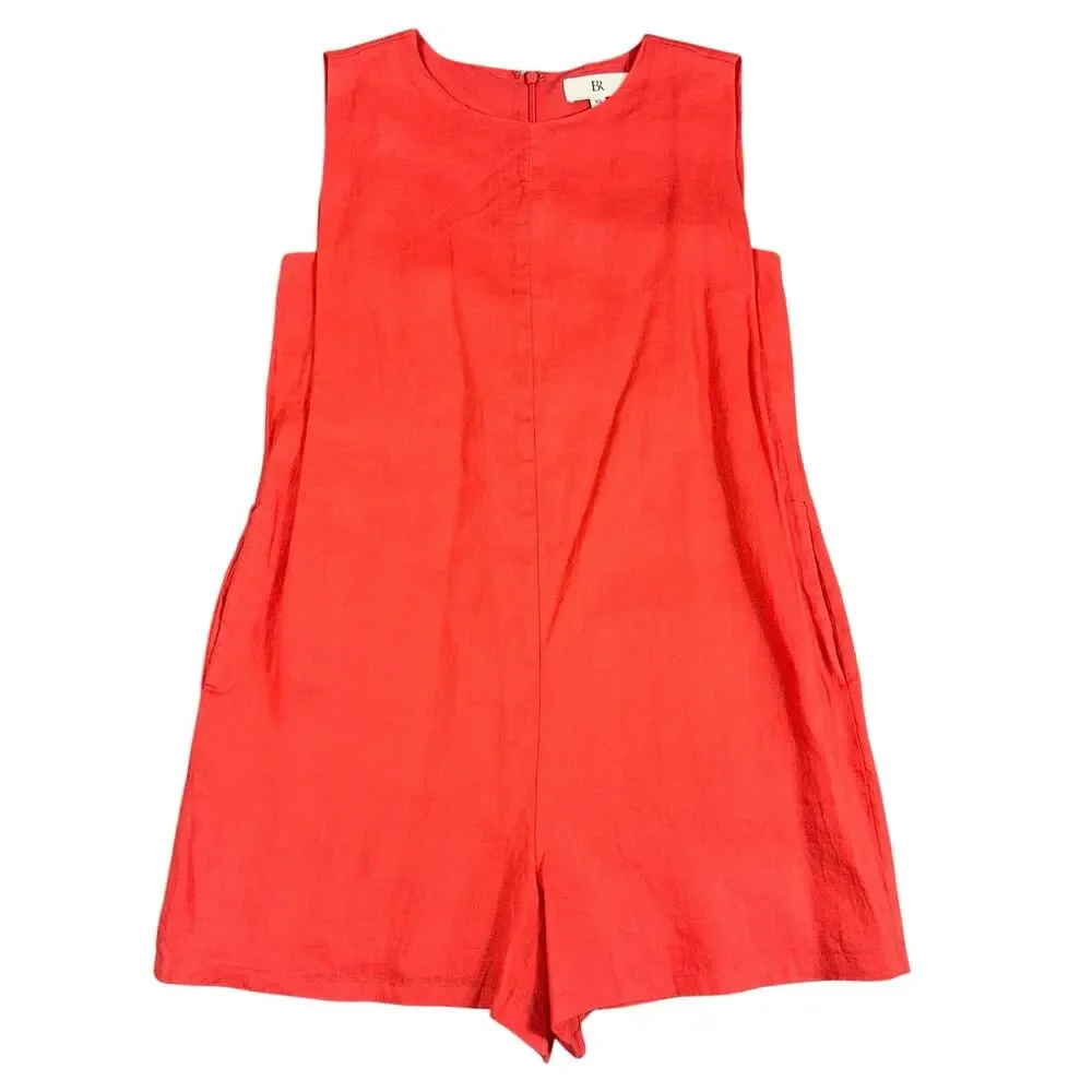 Banana Republic 100% Linen Romper XS Coral Sunset Red Sleeveless Summer Coastal